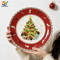 Assiette de table en céramique QTY, motif végétal rétro américain, cercle rouge, écologique, fraîche, mignonne, style Instagram, pour la maison et la décoration de fêtes
