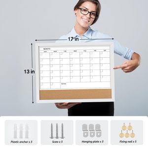 Calendario mensile lavagna magnetica cancellabile a secco lavagna Corkboard con cornice in legno nero da parete montabile - Product Image 3