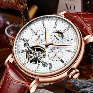 Montres classiques pour hommes <span class=keywords><strong>KINYUED</strong></span>, montres mécaniques automatiques rétro, étanches, tourbillon, horloge, cuir véritable, montres à phases lunaires - Product Image 3