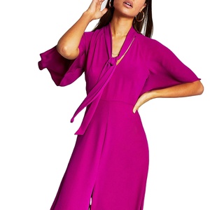 Vestido Midi Elegante de Gasa para Mujer, Color Morado, Cuello de Corbata, Manga con Vuelo, Abertura en el Dobladillo - Product Image 4