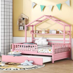 Letto a castello in legno a grandezza naturale con tetto, scaffale <span class=keywords><strong>e</strong></span> ruote estraibili, adatto per camerette di bambine o bambini - Product Image 2