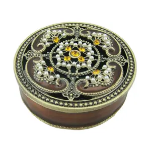 Round Amber Enameled And Gold Crystals Jeweled Metal Trinket Box