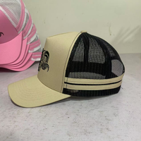 5 Panel topi bingkai topi Trucker bergaris profil tinggi kualitas kustom topi Trucker 5 Panel Logo bordir 2 sisi garis topi Trucker
