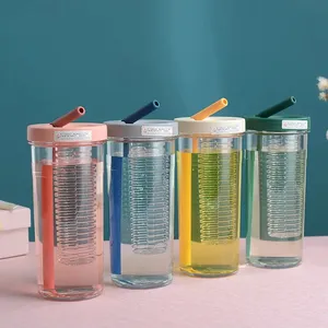 Frasco infusor de frutas de plástico com canudo de 500ml, garrafa de água transparente, frasco de infusão de 700ml