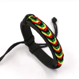 Red yellow green and black four-color woven leather bracelet adjustable Jamaican bracelet reggae leather bracelet