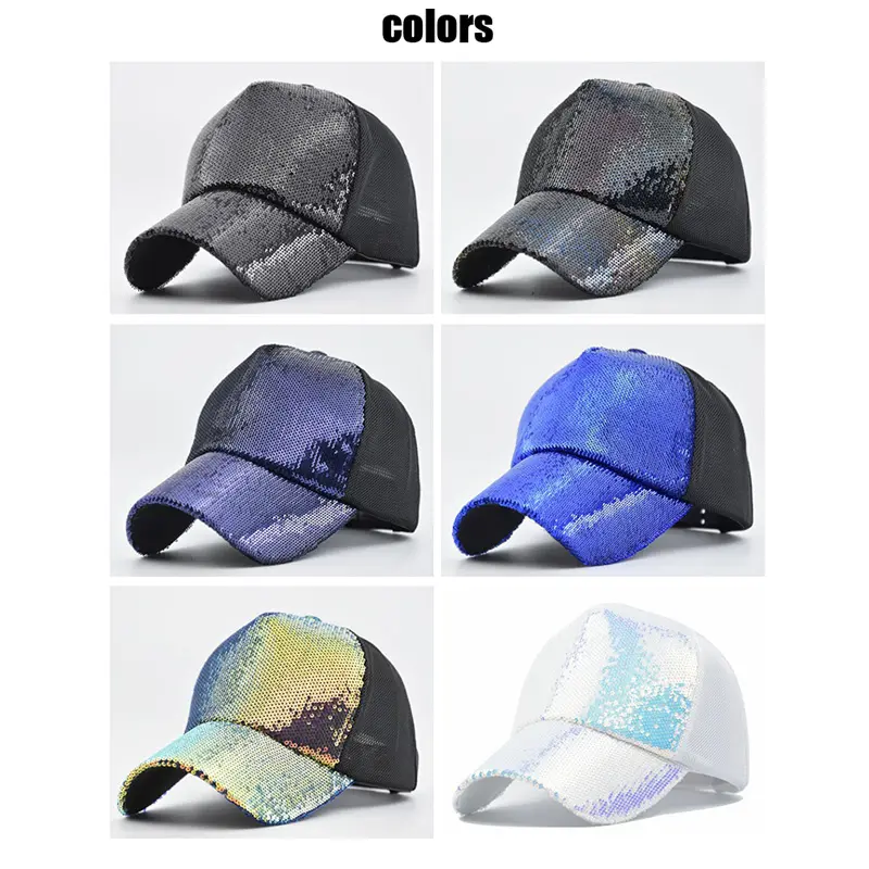 Fashion Sequin Front Polyester Mesh Trucker Hat Wholesale 5 Panel Custom Logo Snapback Baseball Caps