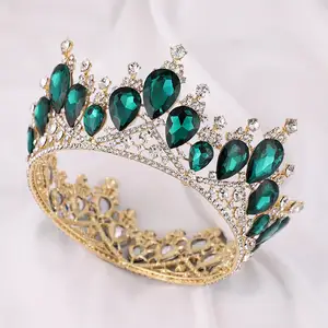Qs Luxe Blauwe Grote Diamant Bruidskroon Gouden Ronde Strass Bruiloft Kroon