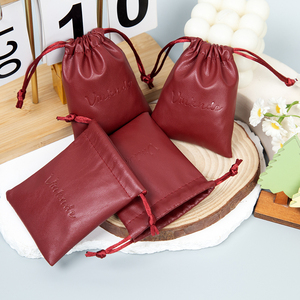 7x9 cm Personalised Simple Burgundy PU Leather <b>Drawstring</b> Jewelry Pouch <b>Makeup</b> <b>Bag</b> Cute Soft Coin Pouches - Product Image 4