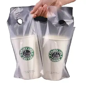 Handle Drinking Poly Plastic Packaging Bags Drink Carrier Delivery Take Out Cup Holder for Bar Restaurant Coffee