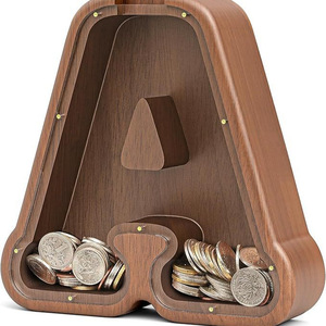 Hucha de madera maciza con forma de letra, caja de almacenamiento de monedas, decoración creativa para el hogar, caja de dinero de madera de caucho - Product Image 1