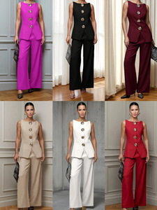 Ensemble décontracté deux pièces pour <span class=keywords><strong>femme</strong></span>, style européen et américain, avec <span class=keywords><strong>gilet</strong></span> et pantalon à boutons dorés - Product Image 6