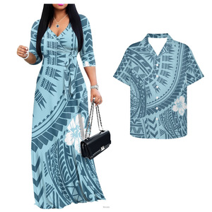 Abiti coordinati per coppia con stampa tropicale hawaiana blu: Abito lungo da donna e camicie Aloha da <span class=keywords><strong>uomo</strong></span> - Ultimi modelli per <span class=keywords><strong>abbigliamento</strong></span> da chiesa - Product Image 3