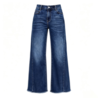 Jean évasé à jambe large pour femme, taille mi-haute, en denim à ourlet brut, idéal pour une tenue de soirée