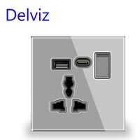 Delviz avec interrupteur de contrôle, panneau en verre cristal 13A prise électrique, 5V2A USB C Port Type-C prise USB murale universelle