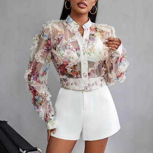 Camicetta <span class=keywords><strong>in</strong></span> Chiffon Floreale con <span class=keywords><strong>Pizzo</strong></span> Stile Francese Vintage Chic di Design, a Maniche Lunghe, per il Mercato Europeo e Americano - Product Image 3