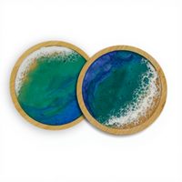 Sous-verre artisanal Vague Océanique – Cadeau de déménagement original pour la plage pour elle et lui, dessous de verre en résine avec base en bois pour les amateurs de café