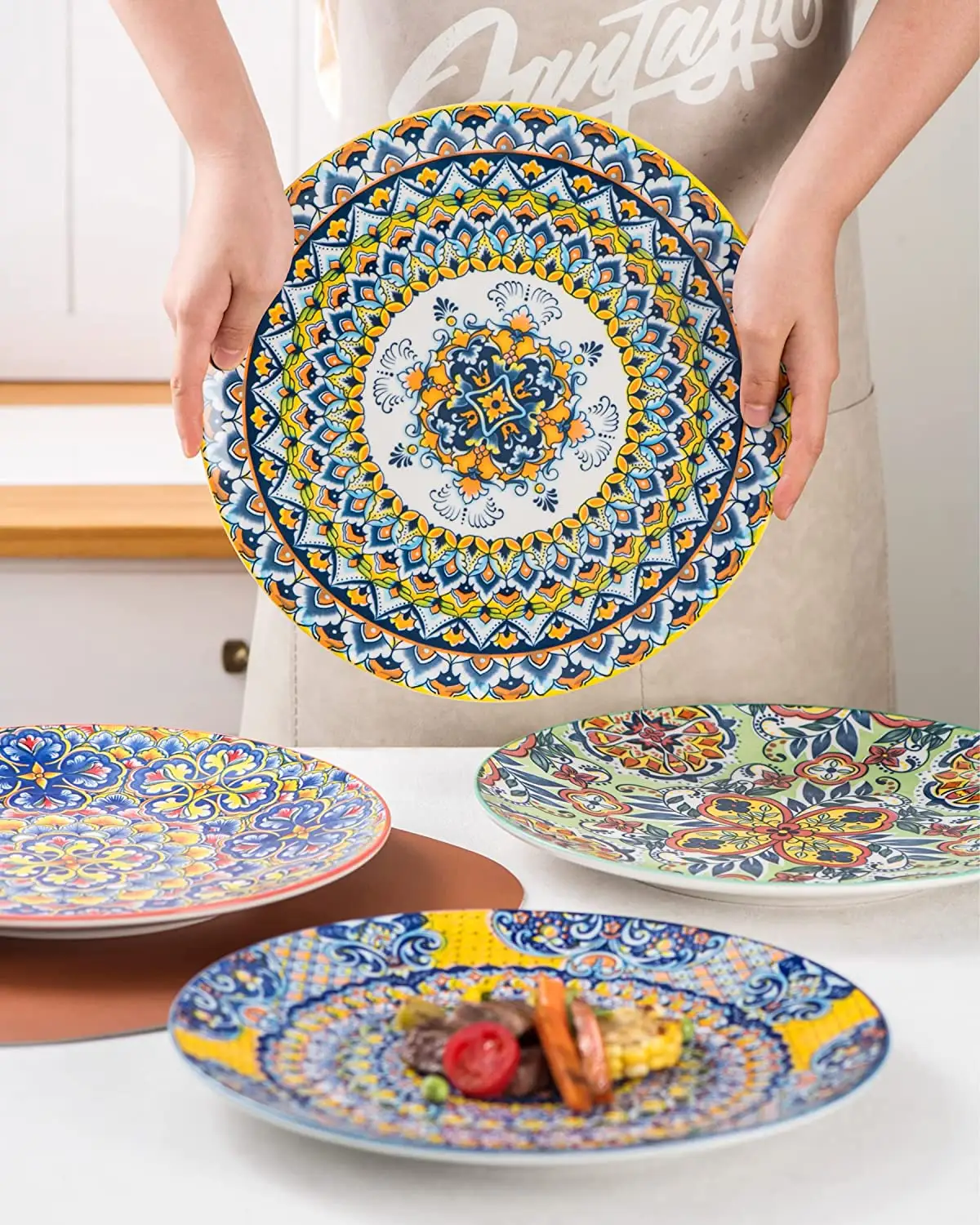 Bohemian Ceramic Dinner Plates 8.7/10.6 Inch Dessert Appetizer Salad Plate Porcelain Colorful Serving Dishes