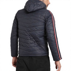 Men's Navy Hooded <b>Puffer</b> <b>Jacket</b> With Red <b>White</b> Stripe Sleeve Windproof Zipper Closure Casual Winter Coat Regular Fit 2026 - Product Image 3