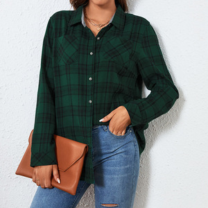 Của Phụ Nữ Giản Dị Dài Tay Áo Flannel Hàng Đầu Với Phía Trước Logo Lớn Áo Sơ Mi Sọc Cho Mùa Xuân Mùa Thu Đơn Giản Chính Thức Văn Phòng Mặc - Product Image 5