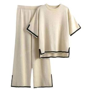 מכנסיים רחבים סרוגים עם שרוולים ארוכים, בגזרה גבוהה, בצבעים אלגנטיים מנוגדים, בסגנון קז'ואל אופנתי, נגד קמטים, סתיו 2023 - Product Image 5