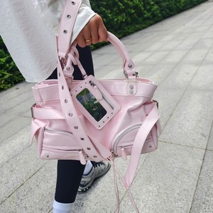 Neon Peach Oil Waxed Leather Shoulder <b>Crossbody</b> <b>Bag</b> Large Capacity Korean Style Spicy Girl Studded Motorcycle <b>Bag</b> - Product Image 1