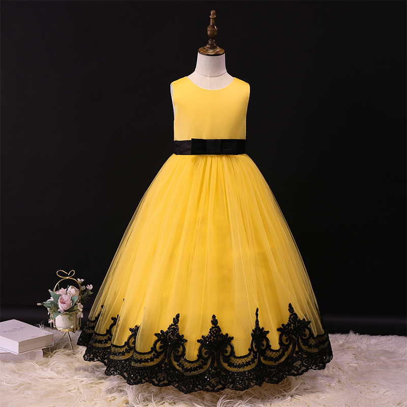 Ready to ship yellow evening puffy prom birthday party maxi dress for 2-12 year old girl party dresses