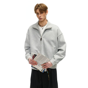 Sweat-shirt gris surdimensionné pour homme, fermeture éclair, couleur unie, coton tricoté, col montant, vêtement décontracté pour l'automne - Product Image 1