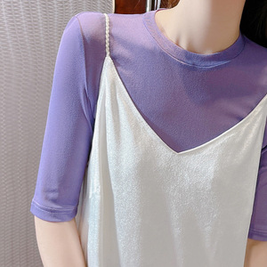 White Sheer <b>Mesh</b> <b>Top</b> <b>Women</b> Summer Short Sleeve Fitted Breathable Inner T-Shirt Casual Style - Product Image 3