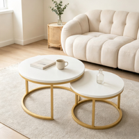 Ensemble de tables basses gigognes modernes, plateau blanc mat, structure en métal doré, 2 pièces, pour salon, appartement, chambre à coucher