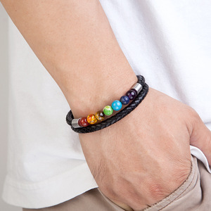 สร้อยข้อมือหนังแบบแม่เหล็กสแตนเลสดีไซน์ใหม่ ประดับด้วยพลอยไทเกอร์อายและลาพิส ลาซูลี สำหรับผู้ชายและผู้หญิง วัสดุโลหะผสมสังกะสี - Product Image 4