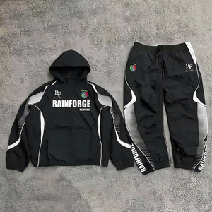 Chaqueta Impermeable Personalizada, Cortavientos de Nailon con Cremallera Completa y Capucha, Diseño Color Block Reflectante, Conjunto Deportivo de 2 Piezas para Hombre - Product Image 1