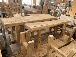 Chinese antieke vintage rustieke natuurlijke gerecycleerde oude eikenhouten lange bankkruk - Product Image 2