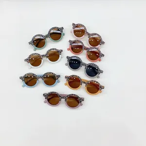 新款时尚豹纹彩色圆框儿童太阳镜防紫外线400儿童太阳镜儿童婴儿防紫外线眼镜