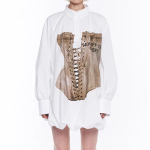 Camisa Corsé Estampada Vintage para Mujer, Manga Larga, Corte Holgado, Cuello Blanco, Manga Abullonada, Blusa de Popelina, Todas las Temporadas, Estilo Urbano - Product Image 1