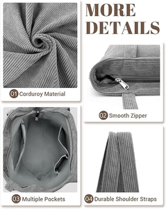Sac à bandoulière décontracté grande capacité BSCI avec poche intérieure pour le shopping, le travail, les voyages quotidiens, avec fermeture éclair pour femmes, sac fourre-tout en velours côtelé - Product Image 1