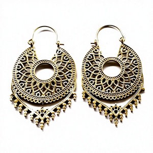 Best Price Indian Brass Hoop <b>Earring</b> with <b>Pearl</b> <b>and</b> <b>Diamond</b> Bohemian & Religious Style for Wedding Engagement or Party Gift - Product Image 1