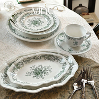 Vaisselle rétro française en porcelaine céramique à relief floral vert olive Assiette en céramique Bol Tasse et soucoupe Ensemble d'assiettes ovales