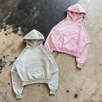 Hoodie Custom Berhias Rivet dan Stud untuk Pria, Sweatshirt Katun Berkualitas Tinggi dan Hangat, serta Pullover Putih Crop untuk Pria