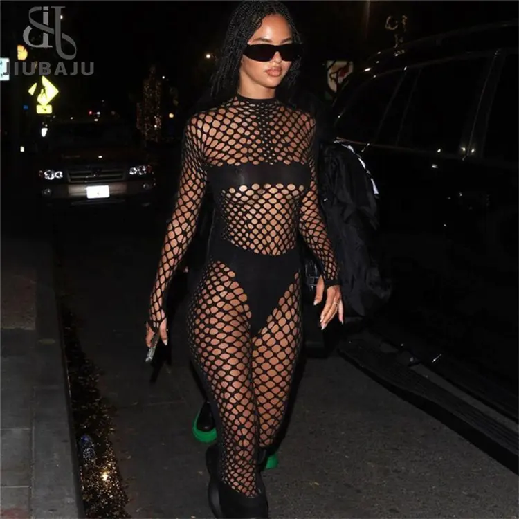 Bodycon Two Pieces For Women Black Long Sleeve Hollow Out Sheer Tops And High Waist See Through Pants Set