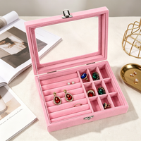 Boîte à bijoux de voyage en velours rose et bleu, avec fenêtre en verre pour l'affichage des bijoux, vente en gros
