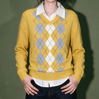 Pull en tricot à col en V à motif Argyle jaune pour femmes, style preppy, ample, service personnalisé pris en charge