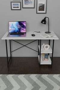 Bureau de travail portable, durable, avec étagères, en panneaux de particules, structure métallique, en bois, écologique, spacieux, multifonctionnel, gain de place - Product Image 2