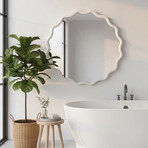 White 24 Inch Wavy Round Solid Wood Frame Decorative <b>Mirror</b> For Bedroom Bathroom Living Room Entryway - Product Image 3