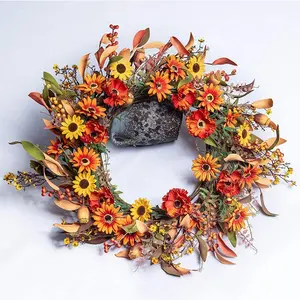 Corona floral Artificial para otoño, corona de naranja para puerta delantera, decoración de ventana y pared, festival de la recolección de Acción de Gracias, cel