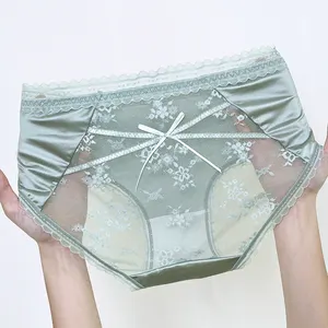 New Style Sexy Shiny Satin Ice Silk Underwear Floral Lace Mid-rise Panties For Ladies