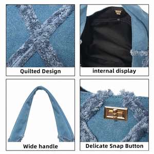 Sac fourre-tout en jean pour femme, sac à main bandoulière décontracté de haute qualité, design tendance pour femme - Product Image 5