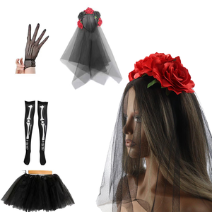 Conjunto de Disfraz de Día de Muertos PESENAR - Guantes de Encaje, Medias, Falda con Velo y Tocado para Halloween y Carnaval - Product Image 1