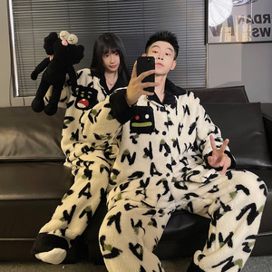 Ensembles de vêtements de nuit, pyjamas, hiver, peluche, dessin animé, col châle, <span class=keywords><strong>couple</strong></span>, ensemble de pyjamas chauds - Product Image 3