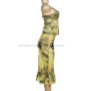 Women's 2 Piece Floral Print Set Spaghetti <b>Strap</b> Cami & Ruffled Midi Skirt for Party & Evening Wear Fashion - Product Image 5