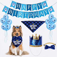 Kit de Décoration Anniversaire pour Animaux de Compagnie Motif Écossais Bleu pour Chats et Chiens avec Bandana, Couronne, Chapeau, Bannière, Ballons Patte et Autocollants Chiffres
